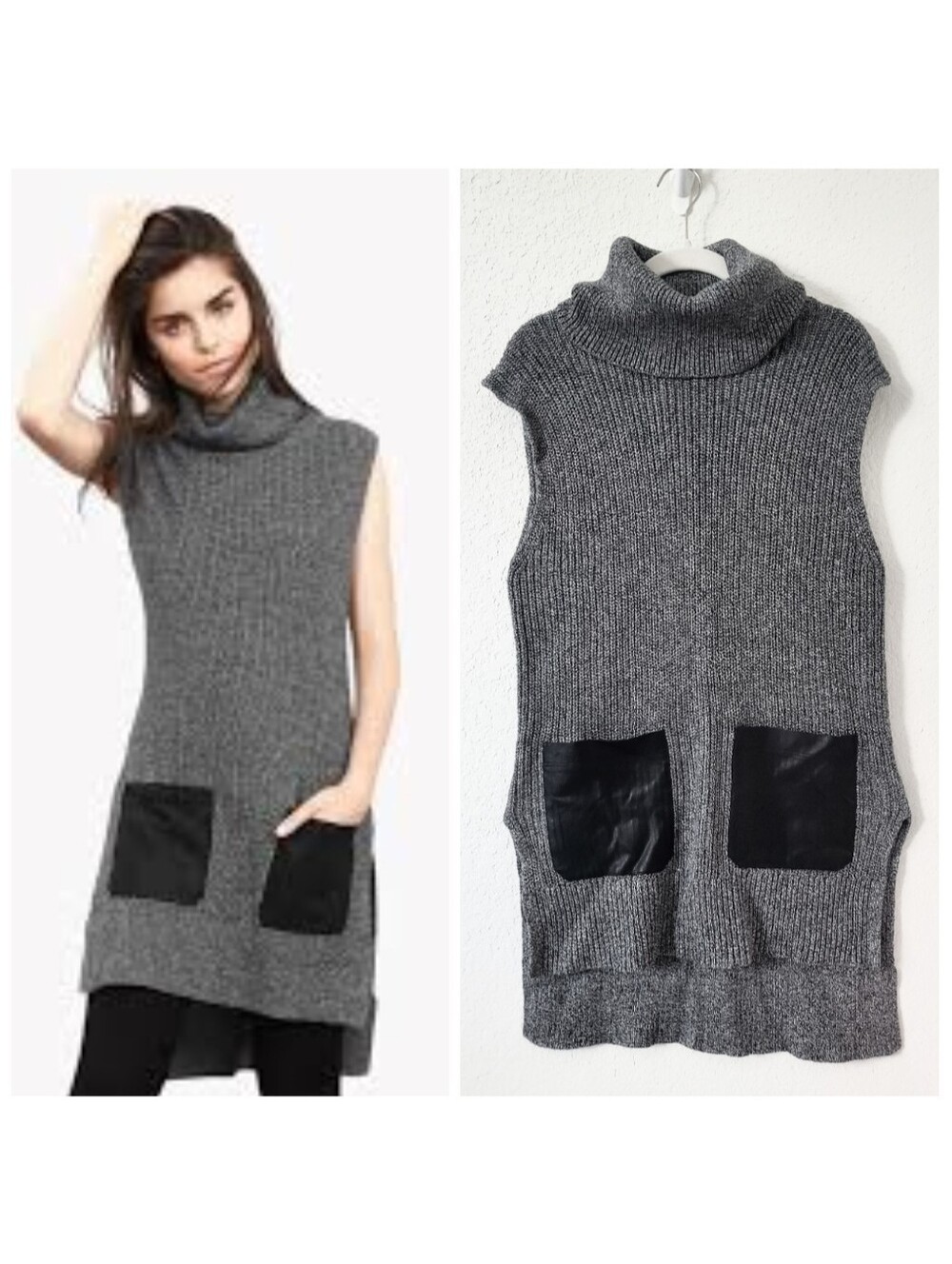 Banana Republic Gray Knit High Low Sleeveless Turtleneck Sweater Top S Pockets